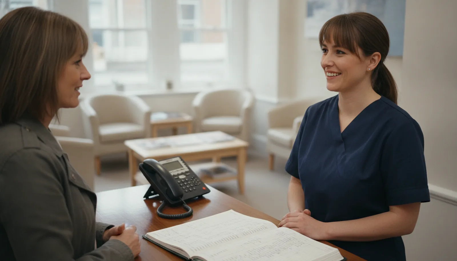 A dental receptionist smiling as a patient checks in at the front desk, with the phone and appointment book beside her.