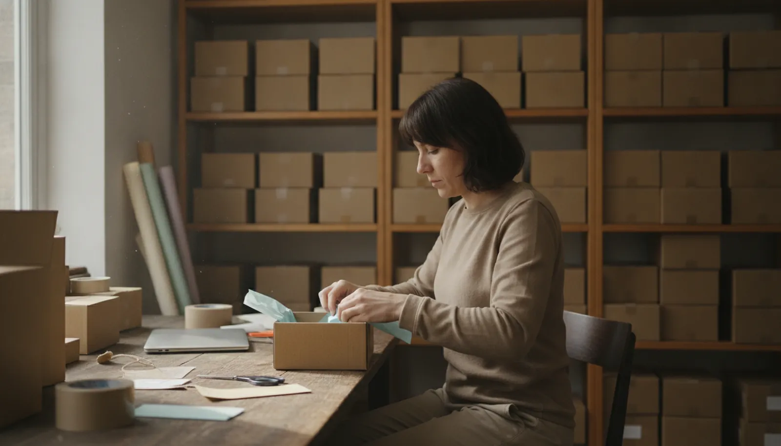 A small online shop owner packing an order into a cardboard box in the stockroom.