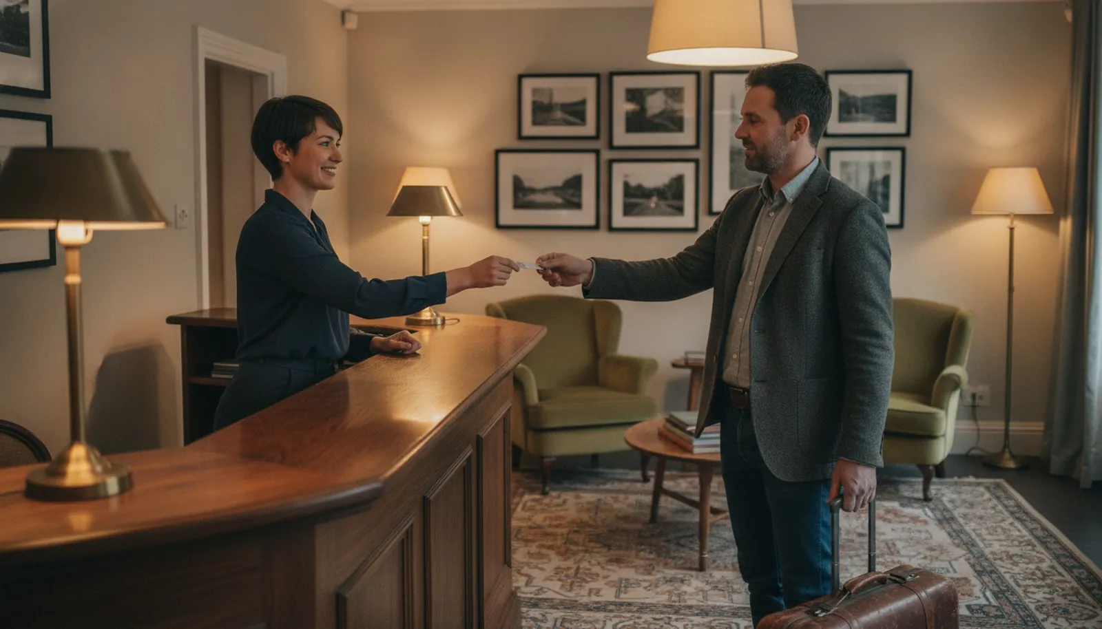 A boutique hotel receptionist handing a key card to an arriving guest in the evening.