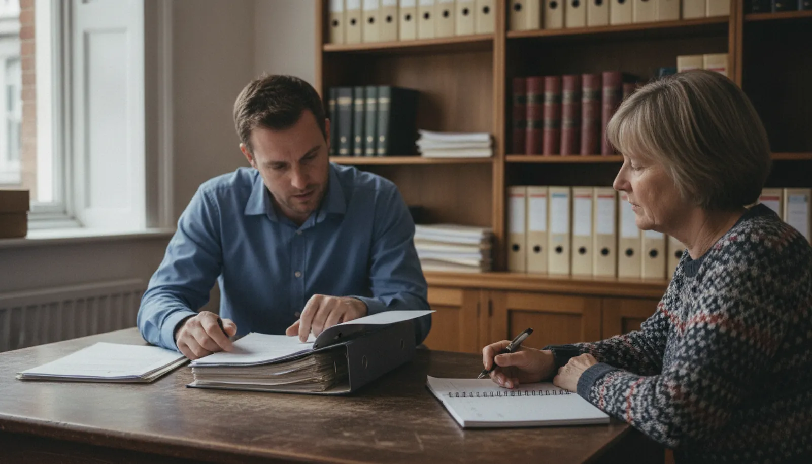 A solicitor going through a paper file with a client at a desk in a small law office.