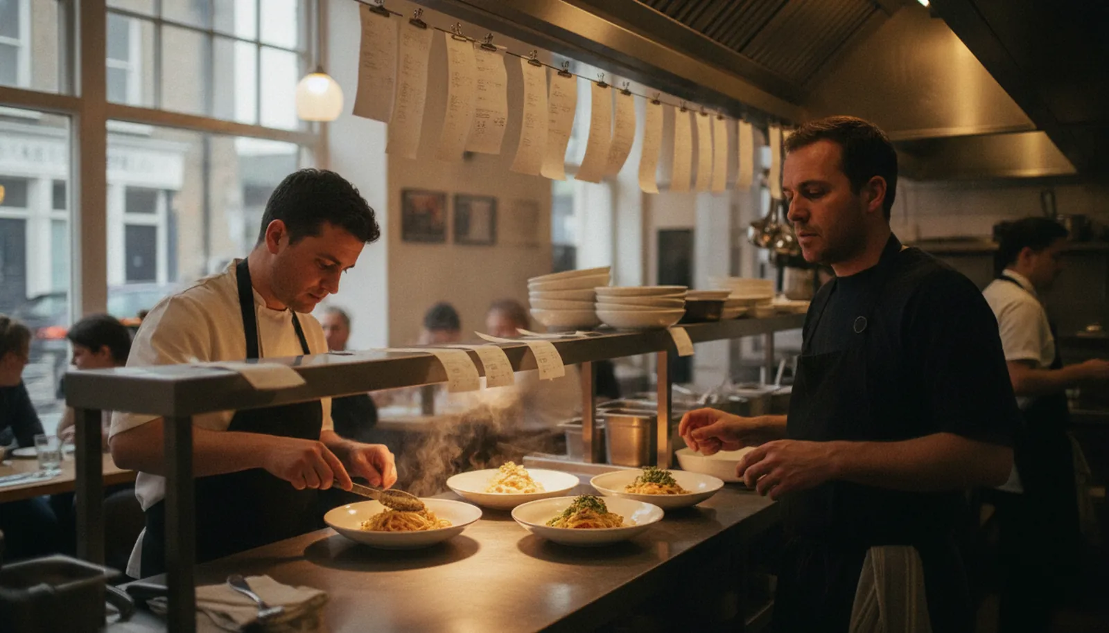 A chef plating dishes at the pass of a busy neighbourhood restaurant, with order tickets above.