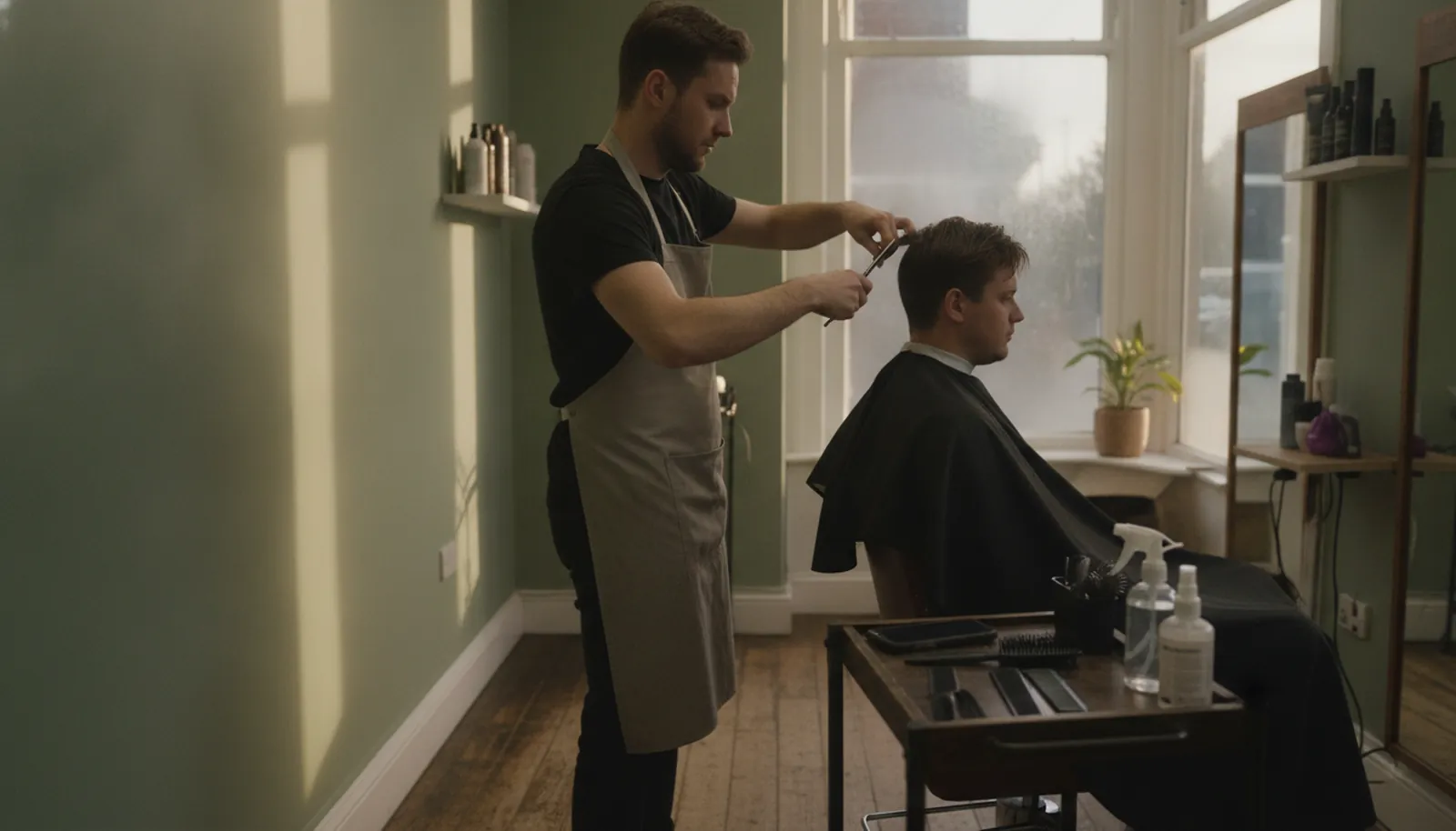 A stylist trimming a client's hair in a small, sunlit independent salon.