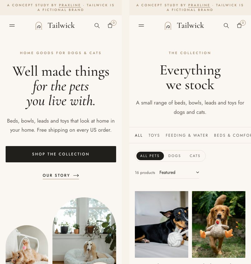Tailwick on a phone: the home page hero and the shop page with category tabs and a dogs or cats switch.