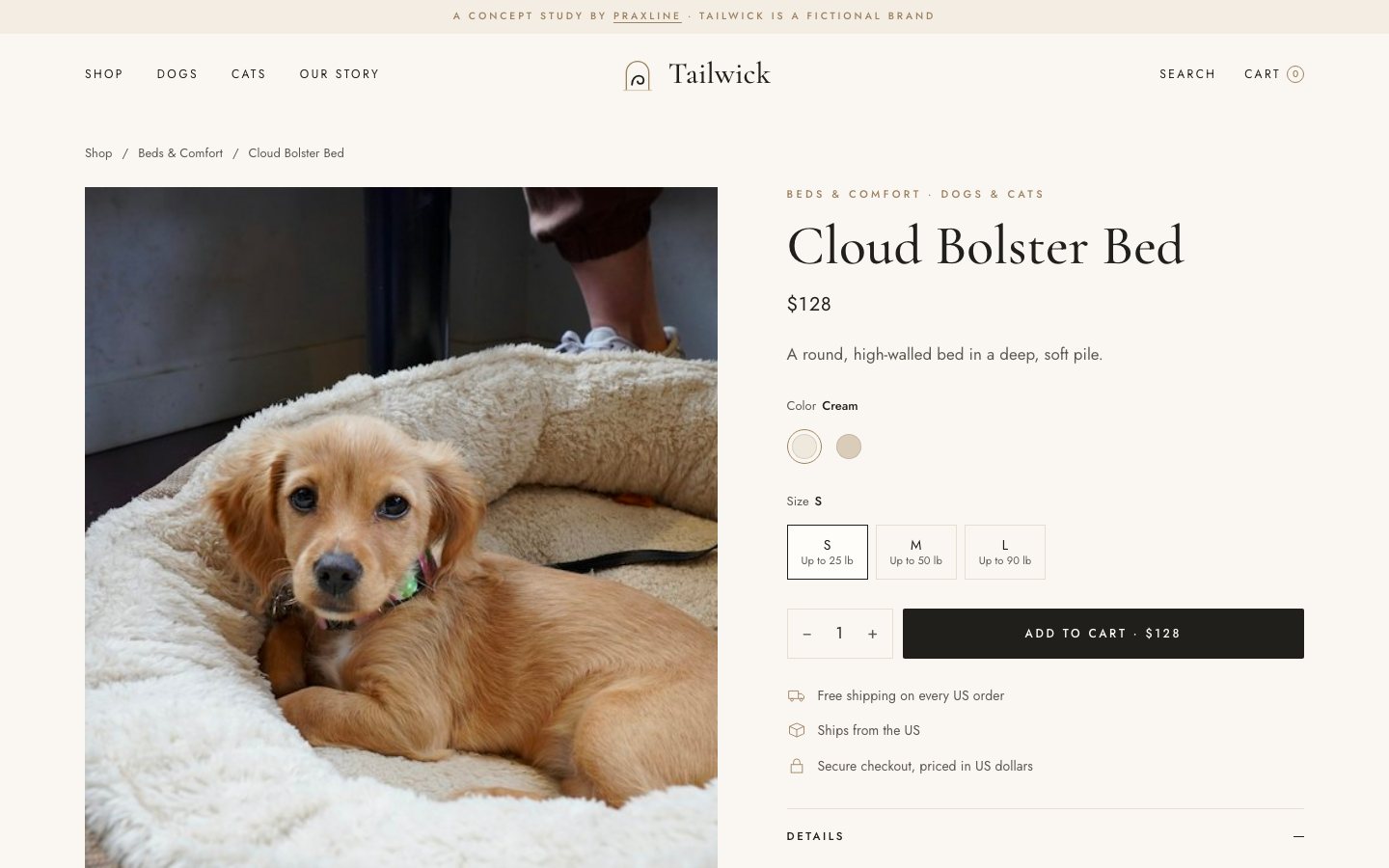 A Tailwick product page for the Cloud Bolster Bed, with a large photo of a puppy in the bed, colour swatches, size buttons by dog weight and an add to cart button.