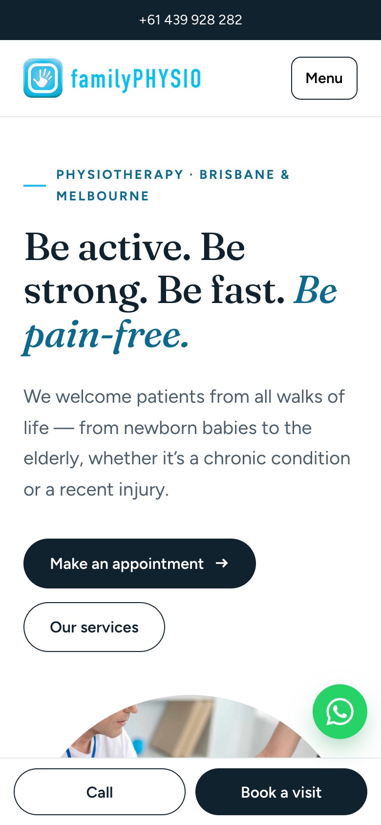 The redesigned familyPHYSIO home page on a phone.