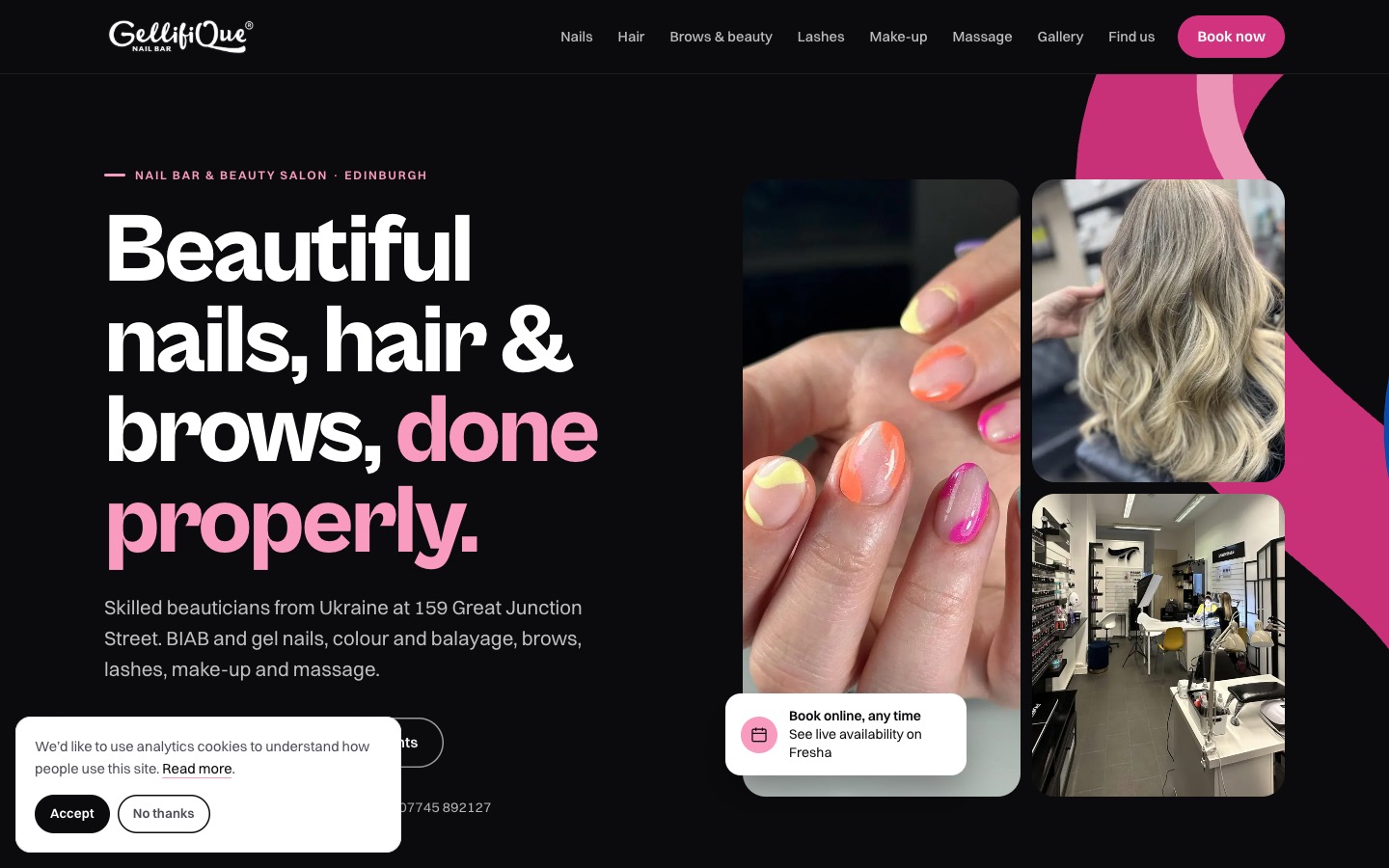 The redesigned GellifiQue Nail Bar home page.