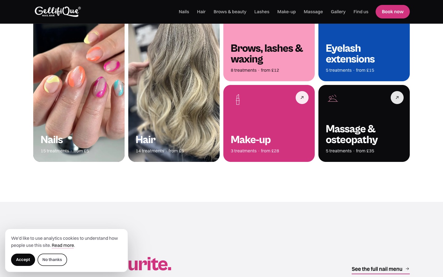 A section further down the redesigned GellifiQue Nail Bar home page.