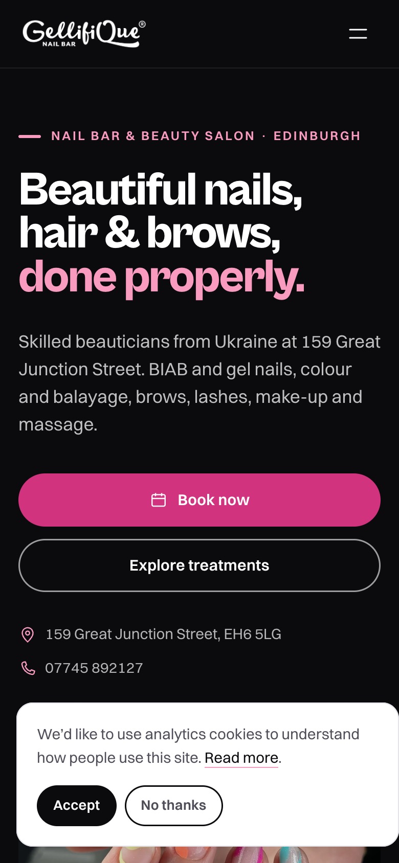 The redesigned GellifiQue Nail Bar home page on a phone.