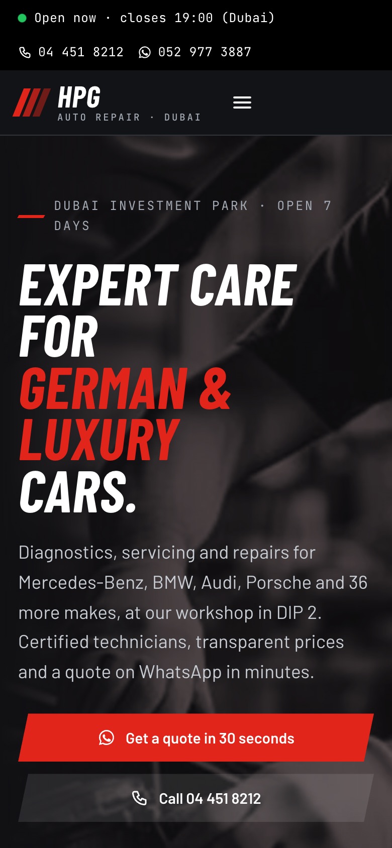 The redesigned HPG Auto Repair home page on a phone.