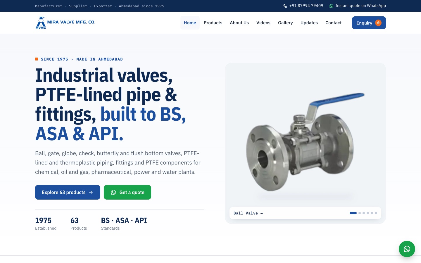 The redesigned Mira Valves home page.