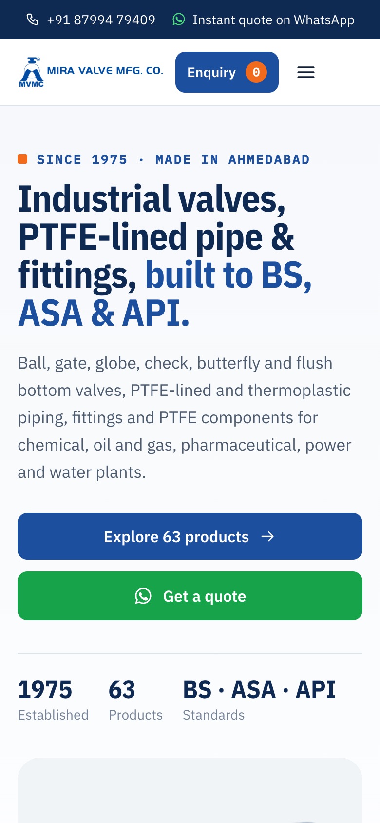 The redesigned Mira Valves home page on a phone.
