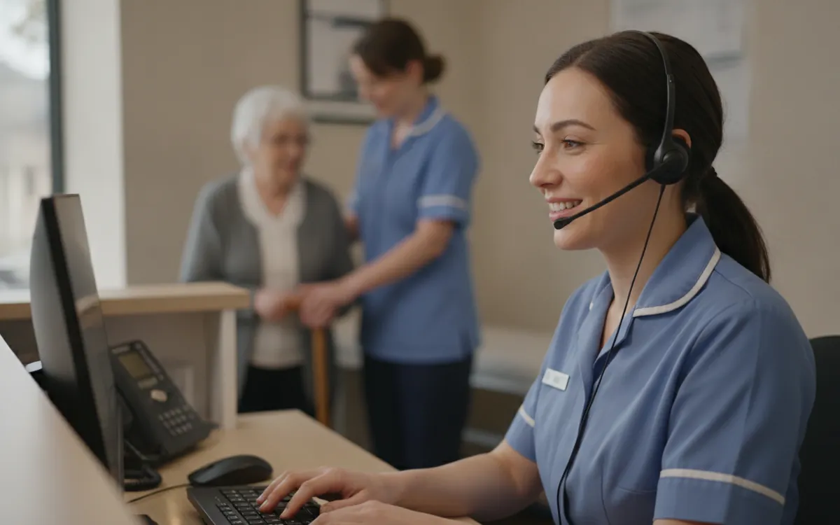 A clinic receptionist on a headset taking a call while a colleague helps a patient.