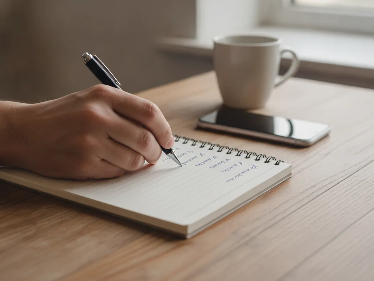 A hand ticking off a short checklist in a notebook beside a coffee.