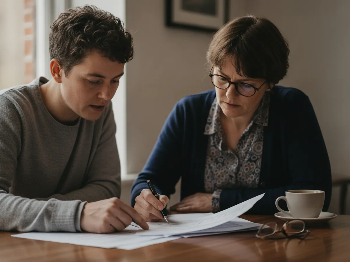 Two people checking a printed document line by line at a table.