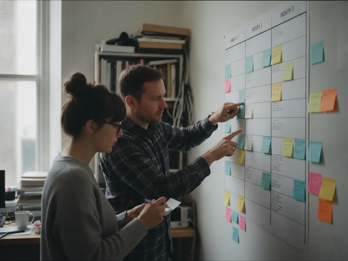 Two colleagues planning the next three months on a wall of cards and sticky notes.