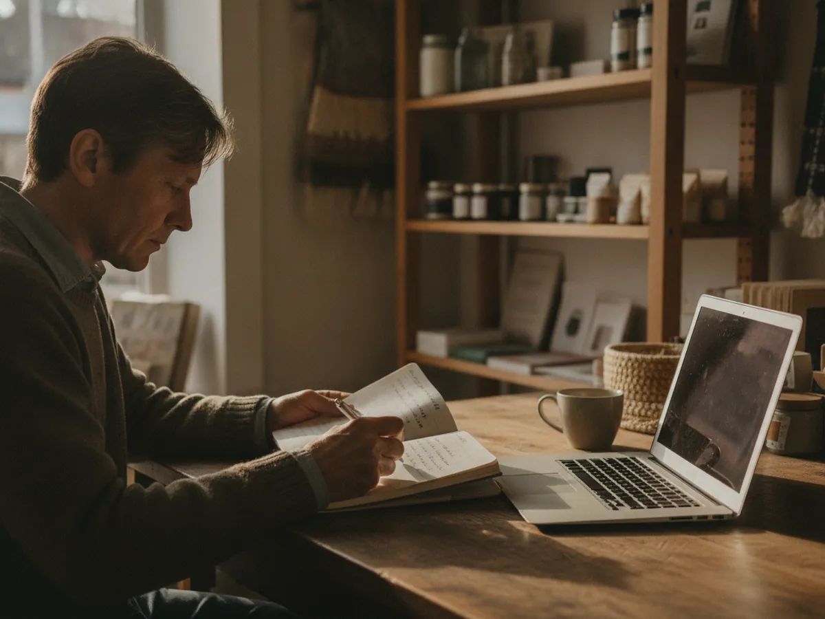 A small shop owner at the counter before opening, planning the week in a notebook beside a laptop.