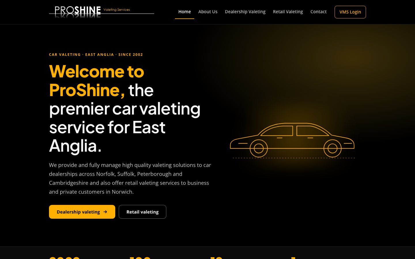 The redesigned ProShine home page: an amber headline on black over a line drawing of a car, with buttons for dealership and retail valeting.