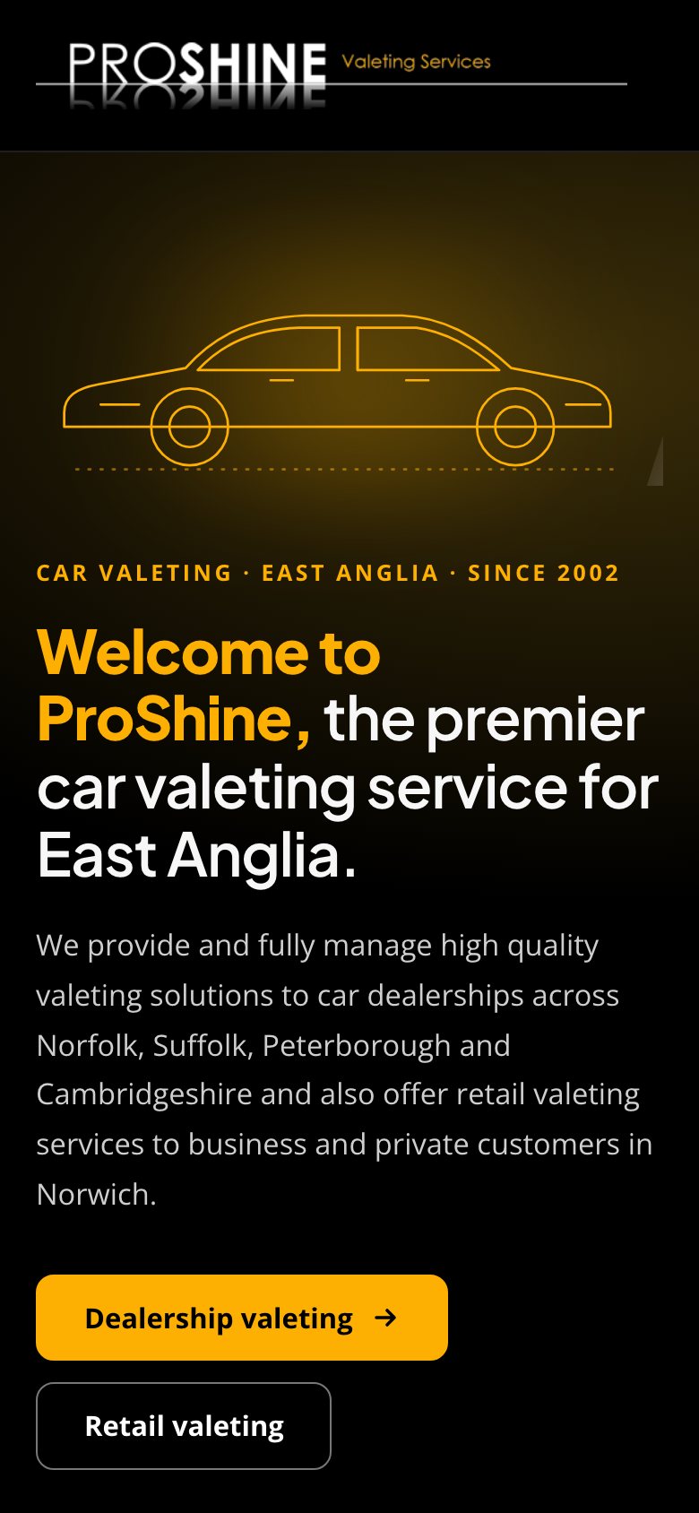 The ProShine home page on a phone.