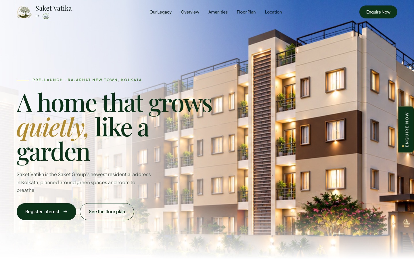 The Saket Vatika home page: a headline over a photograph of the apartment towers lit at dusk, with a register interest button.
