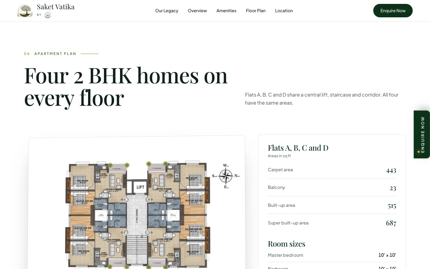 The apartment plan section: a floor plan of four 2 BHK flats around a central lift, with carpet, balcony and built-up areas beside it.